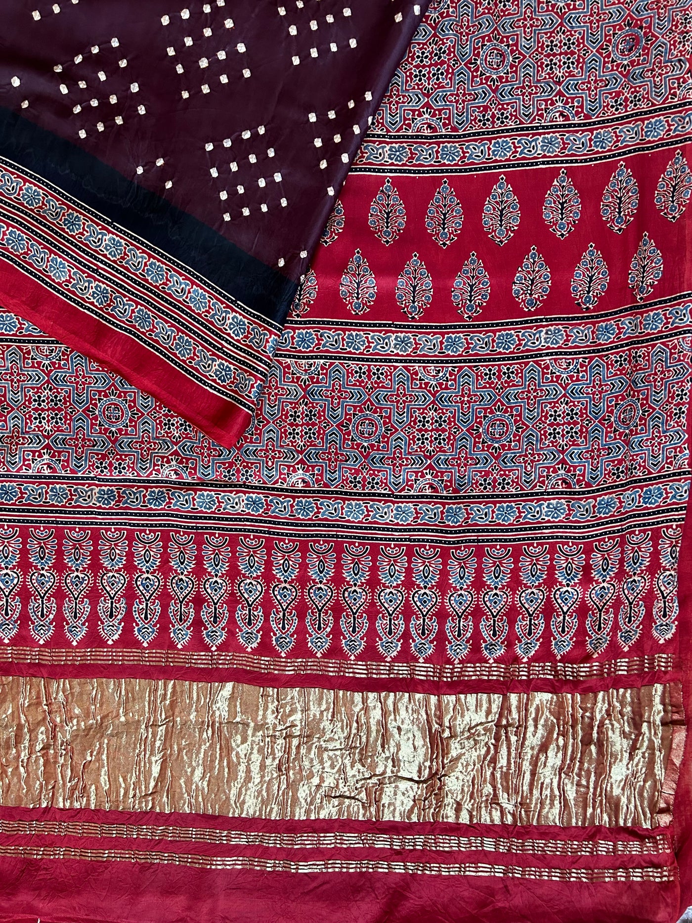SUNAINA: HANDMADE AJRAKH BANDHEJ MODAL SILK SAREE
