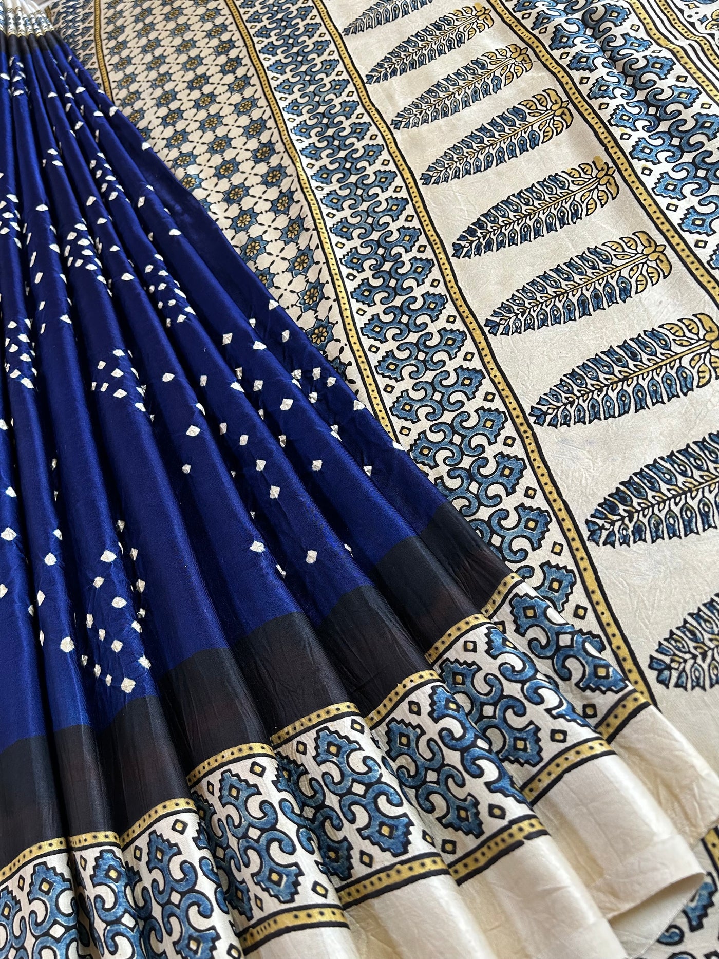 AADIYA: HANDMADE AJRAKH BANDHEJ MODAL SILK SAREE