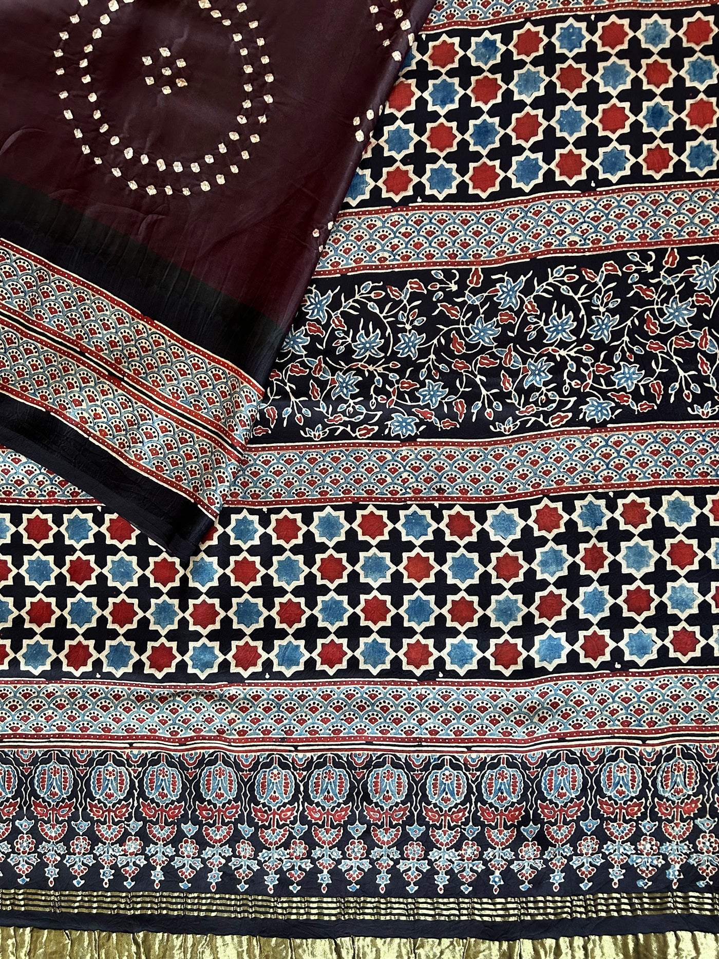 SNEHA: HANDMADE AJRAKH BANDHEJ MODAL SILK SAREE