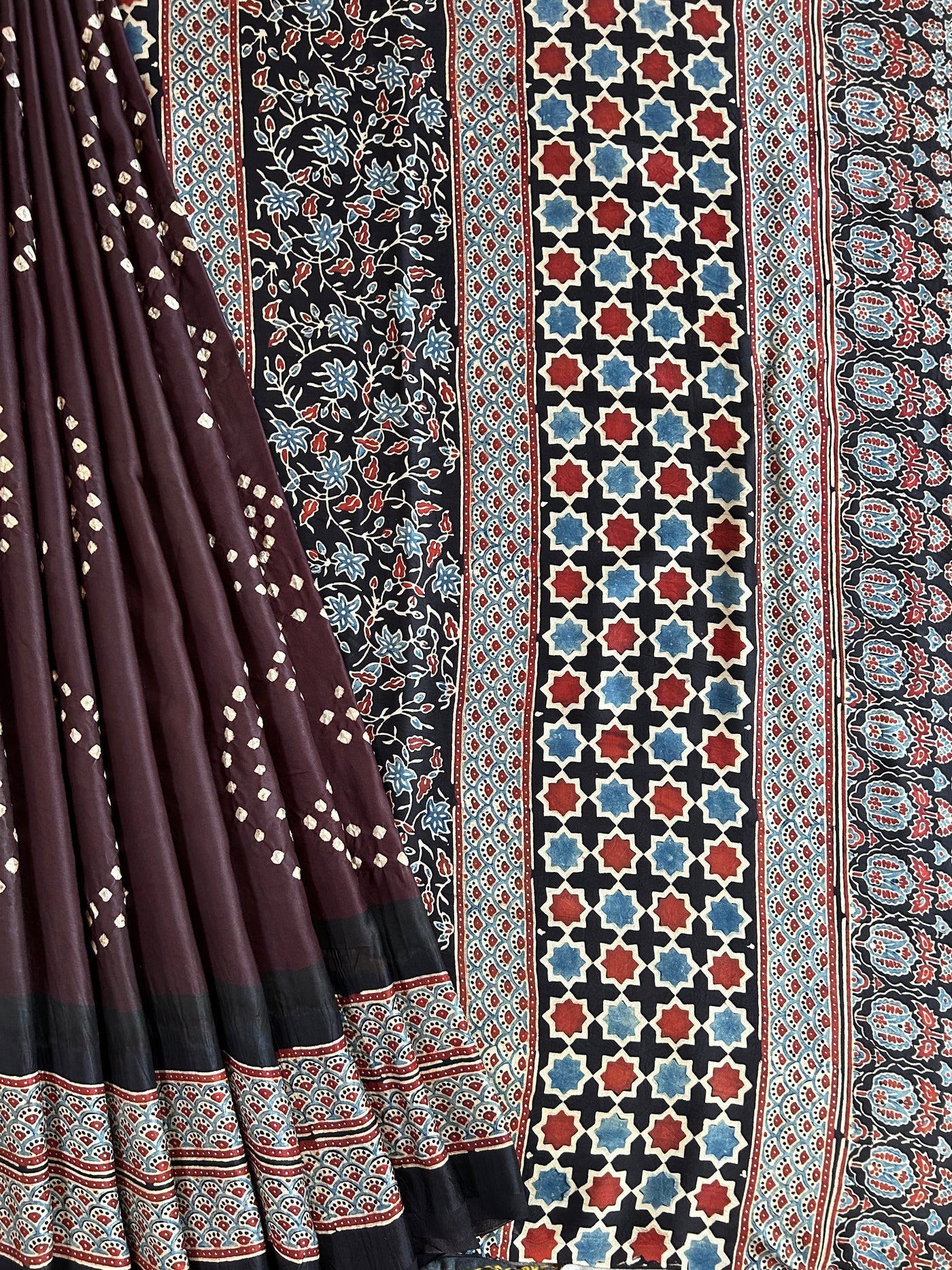 SNEHA: HANDMADE AJRAKH BANDHEJ MODAL SILK SAREE