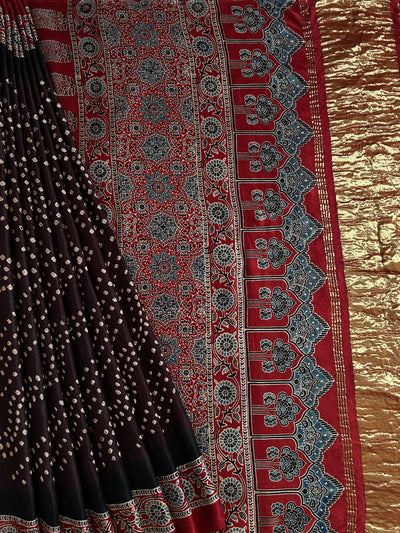 TARULATA: HANDMADE AJRAKH BANDHEJ MODAL SILK SAREE