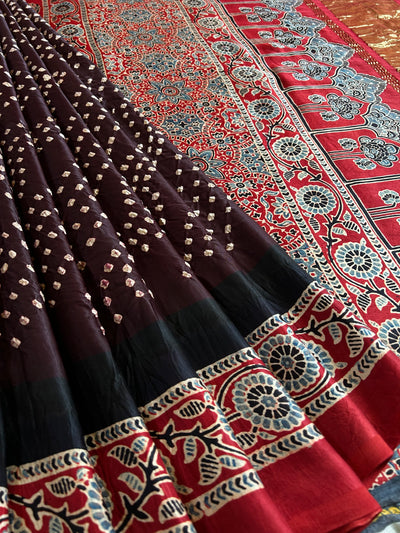 TARULATA: HANDMADE AJRAKH BANDHEJ MODAL SILK SAREE