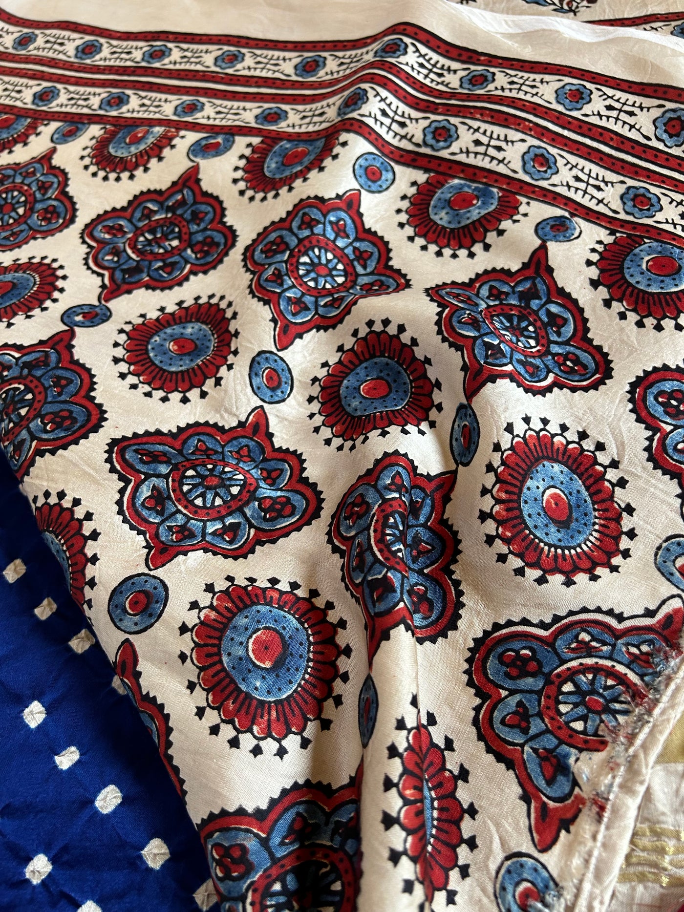 SINDHUJA: HANDMADE AJRAKH BANDHEJ MODAL SILK SAREE