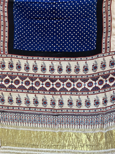 SINDHUJA: HANDMADE AJRAKH BANDHEJ MODAL SILK SAREE
