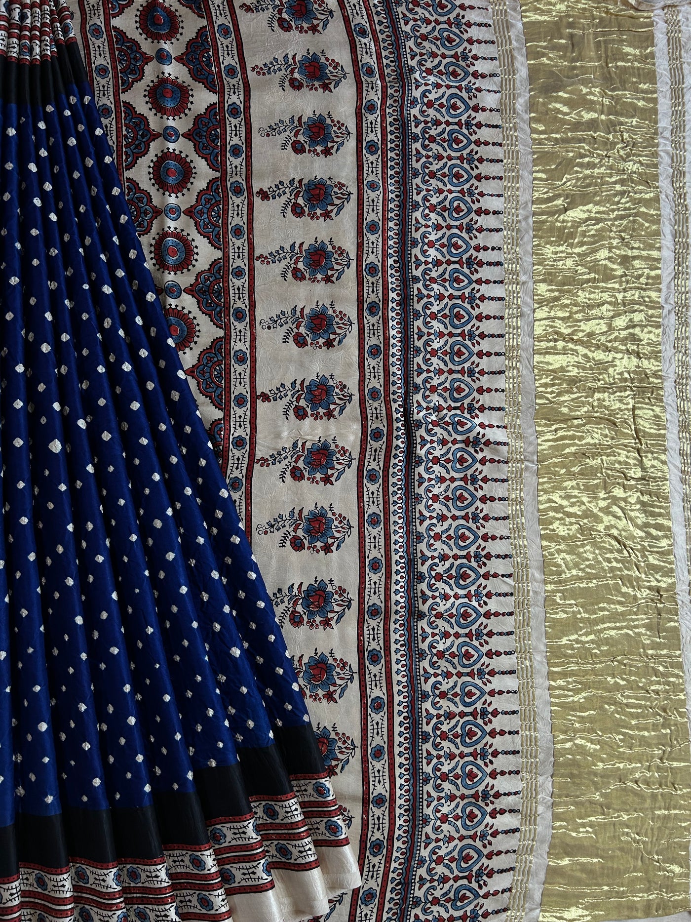 SINDHUJA: HANDMADE AJRAKH BANDHEJ MODAL SILK SAREE