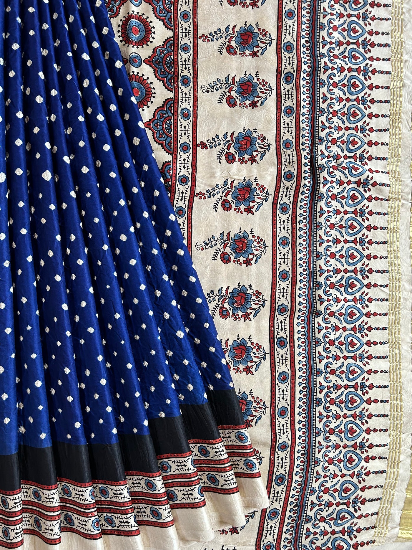 SINDHUJA: HANDMADE AJRAKH BANDHEJ MODAL SILK SAREE