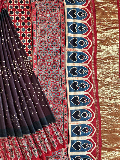 APPORVA: HANDMADE AJRAKH BANDHEJ MODAL SILK SAREE