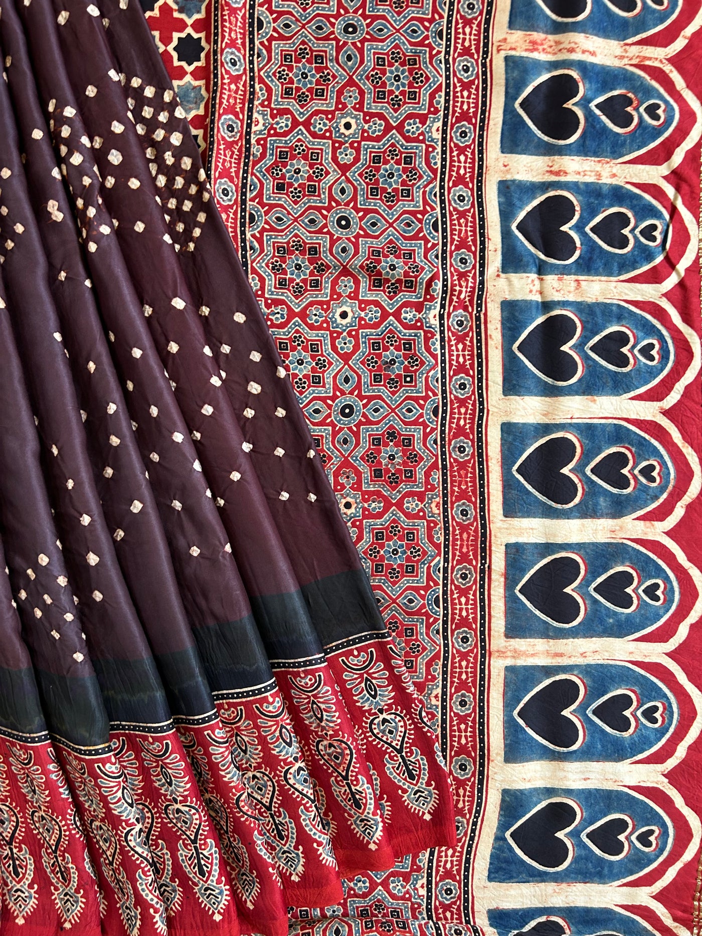 APPORVA: HANDMADE AJRAKH BANDHEJ MODAL SILK SAREE