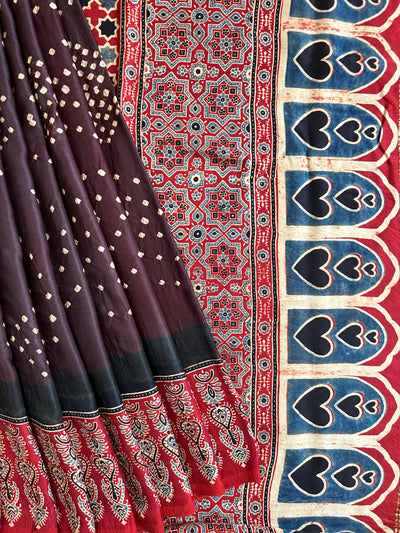 APPORVA: HANDMADE AJRAKH BANDHEJ MODAL SILK SAREE