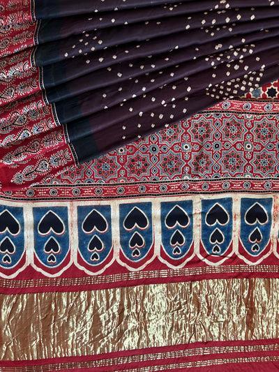 APPORVA: HANDMADE AJRAKH BANDHEJ MODAL SILK SAREE