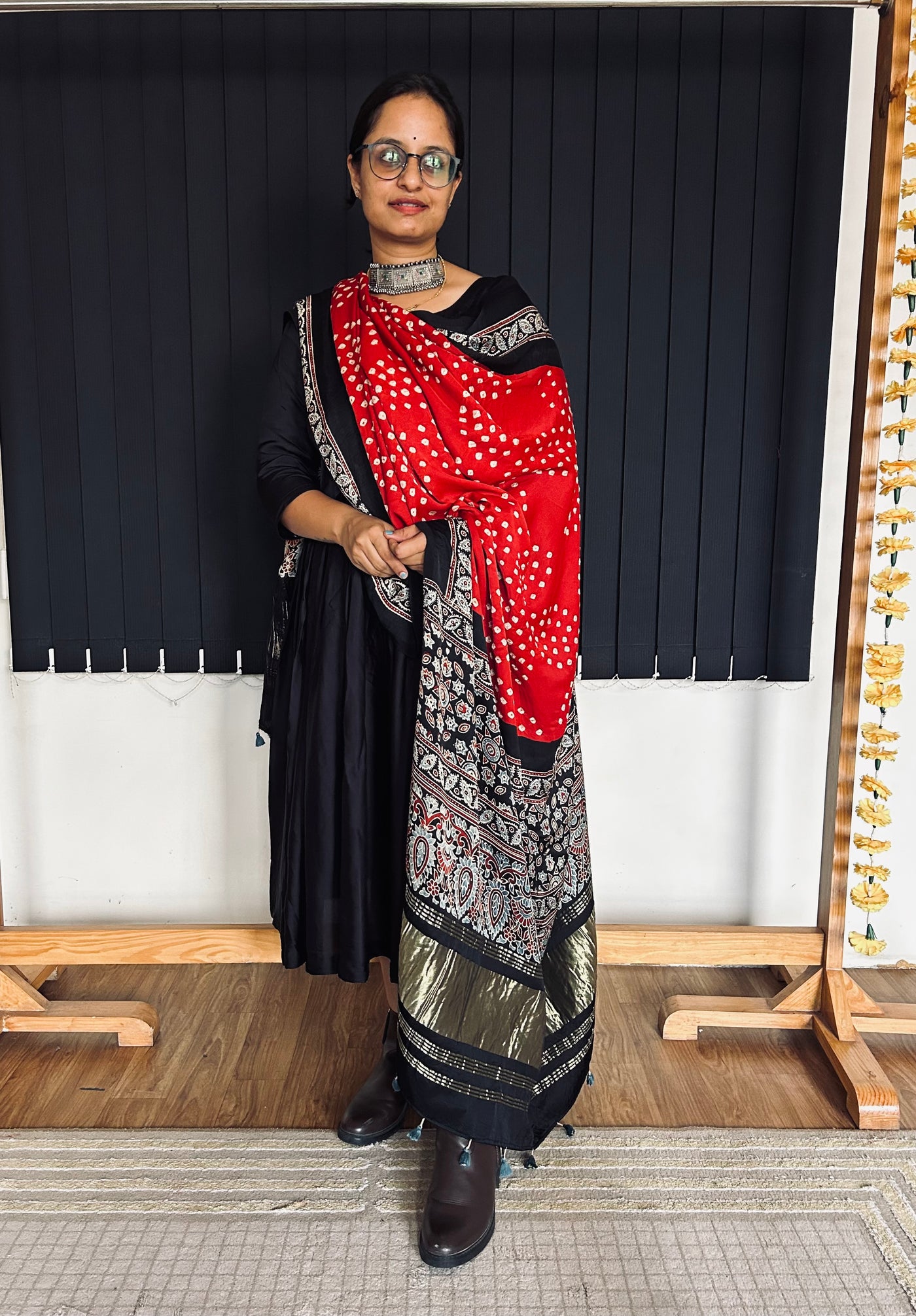 RAMYA : HANDMADE BANDHANI AJRAKH MODAL SILK DUPATTA WITH TISSUE