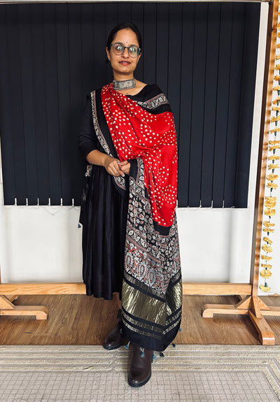 RAMYA : HANDMADE BANDHANI AJRAKH MODAL SILK DUPATTA WITH TISSUE