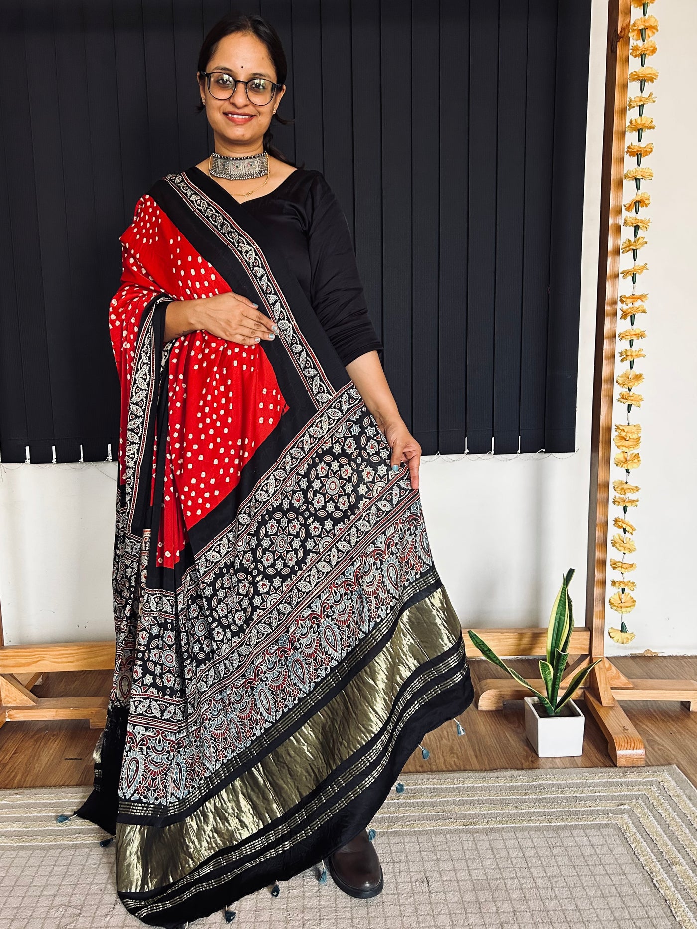 RAMYA : HANDMADE BANDHANI AJRAKH MODAL SILK DUPATTA WITH TISSUE