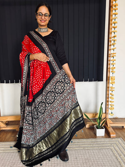 RAMYA : HANDMADE BANDHANI AJRAKH MODAL SILK DUPATTA WITH TISSUE