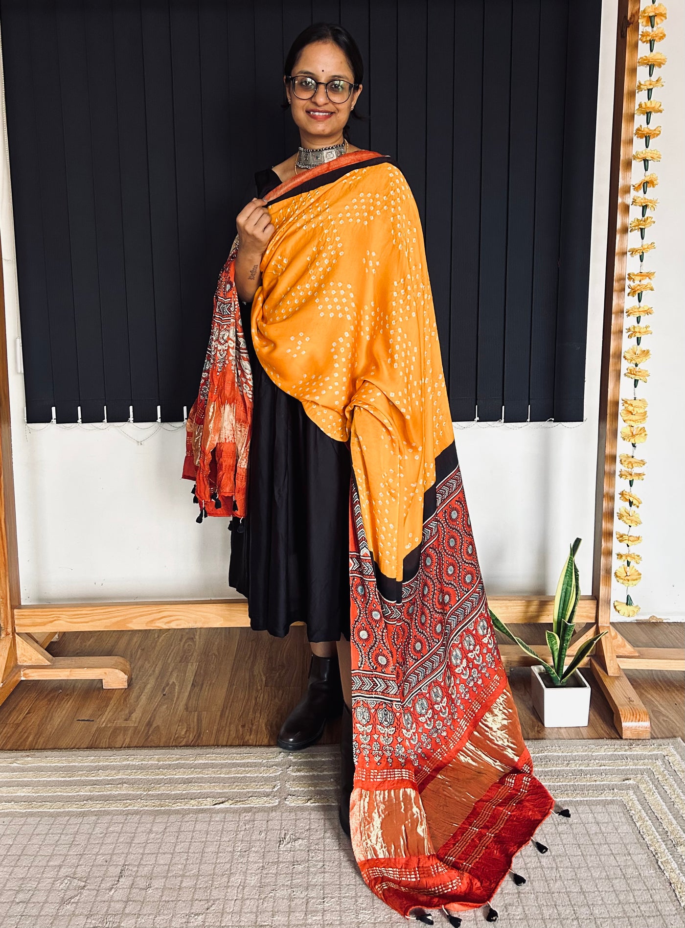 RANGILI : HANDMADE BANDHANI AJRAKH MODAL SILK DUPATTA WITH TISSUE
