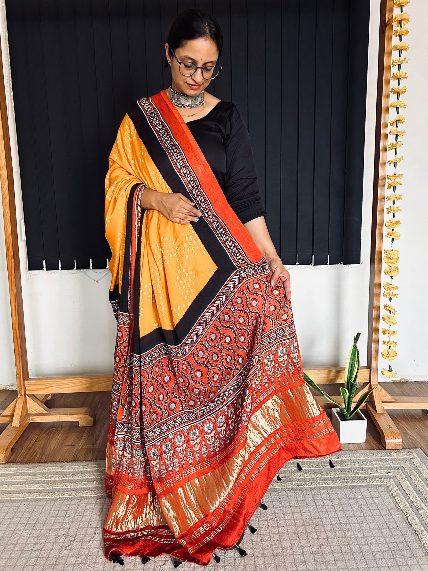RANGILI : HANDMADE BANDHANI AJRAKH MODAL SILK DUPATTA WITH TISSUE