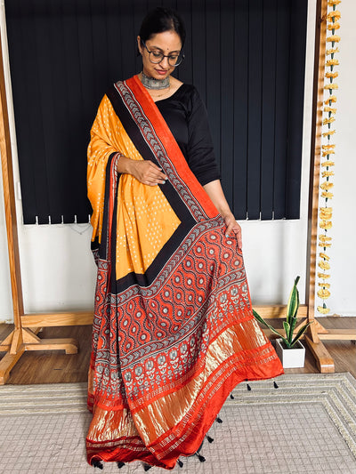 RANGILI : HANDMADE BANDHANI AJRAKH MODAL SILK DUPATTA WITH TISSUE