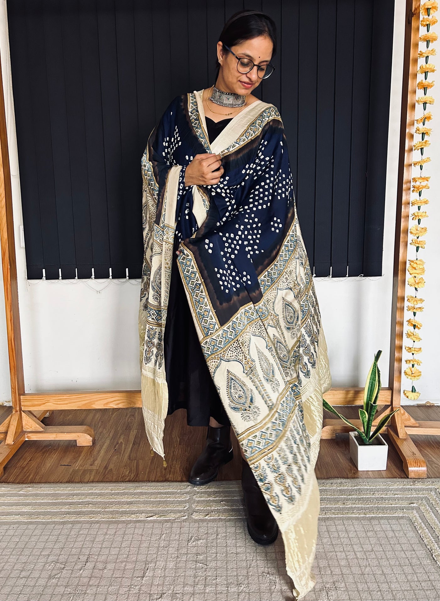 RIWAAJ : HANDMADE BANDHANI AJRAKH MODAL SILK DUPATTA WITH TISSUE