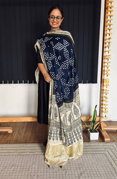 RIWAAJ : HANDMADE BANDHANI AJRAKH MODAL SILK DUPATTA WITH TISSUE