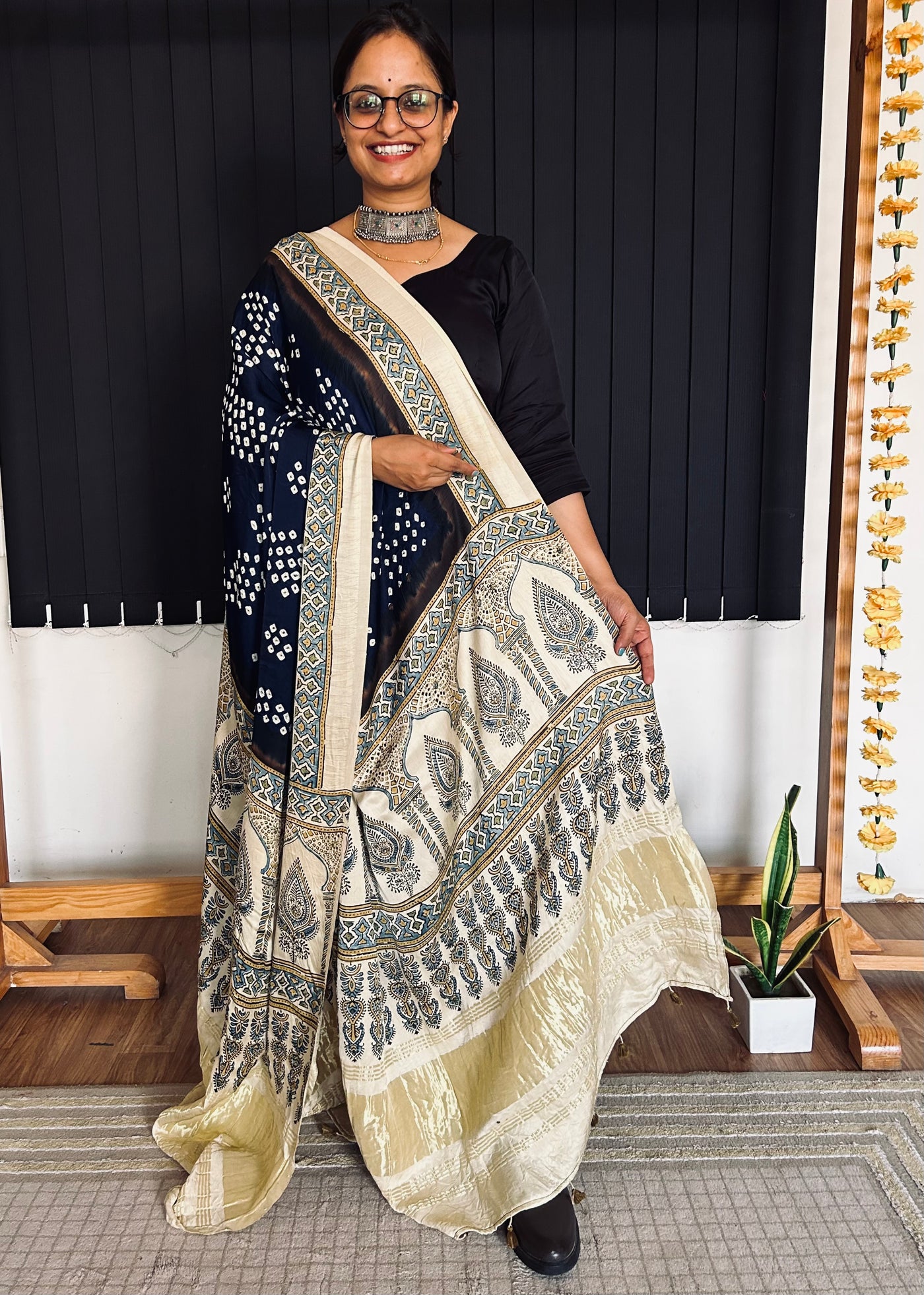 RIWAAJ : HANDMADE BANDHANI AJRAKH MODAL SILK DUPATTA WITH TISSUE