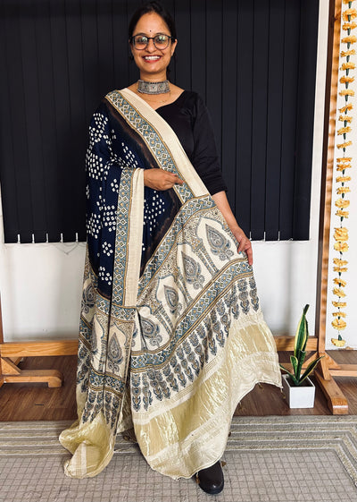 RIWAAJ : HANDMADE BANDHANI AJRAKH MODAL SILK DUPATTA WITH TISSUE