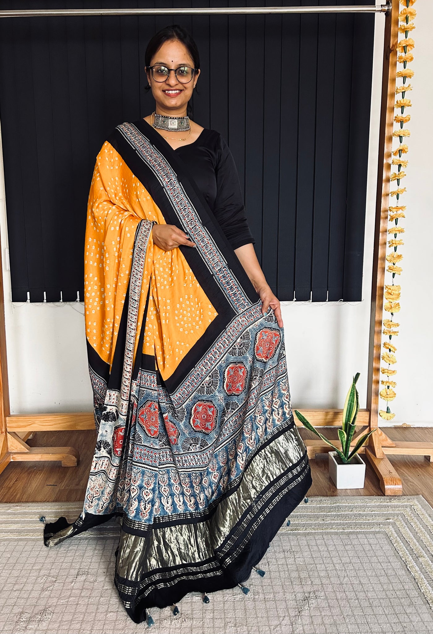 TARANG : HANDMADE BANDHANI AJRAKH MODAL SILK DUPATTA WITH TISSUE