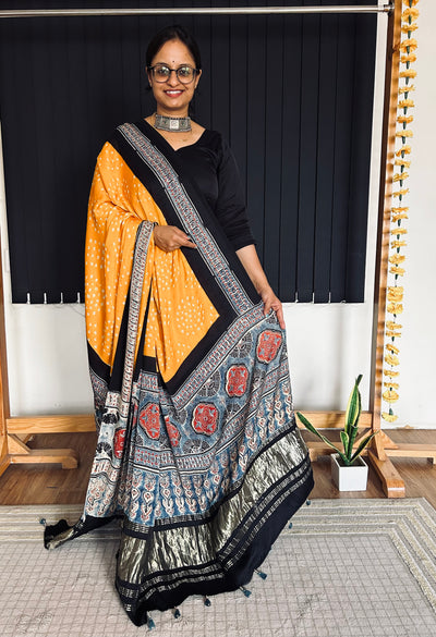 TARANG : HANDMADE BANDHANI AJRAKH MODAL SILK DUPATTA WITH TISSUE