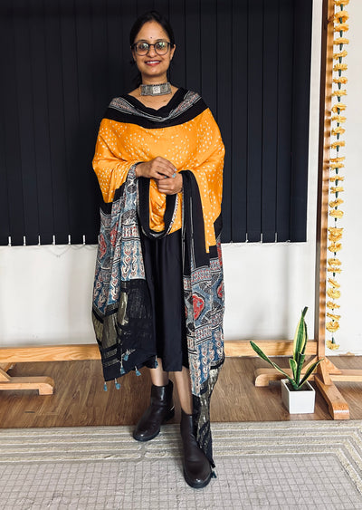 TARANG : HANDMADE BANDHANI AJRAKH MODAL SILK DUPATTA WITH TISSUE