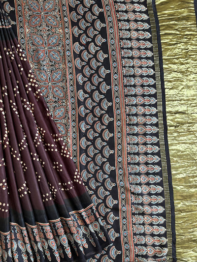 NUSHRAT: HANDMADE AJRAKH BANDHEJ MODAL SILK SAREE
