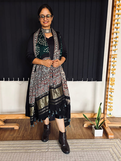 SITARA : HANDMADE BANDHANI AJRAKH MODAL SILK DUPATTA WITH TISSUE