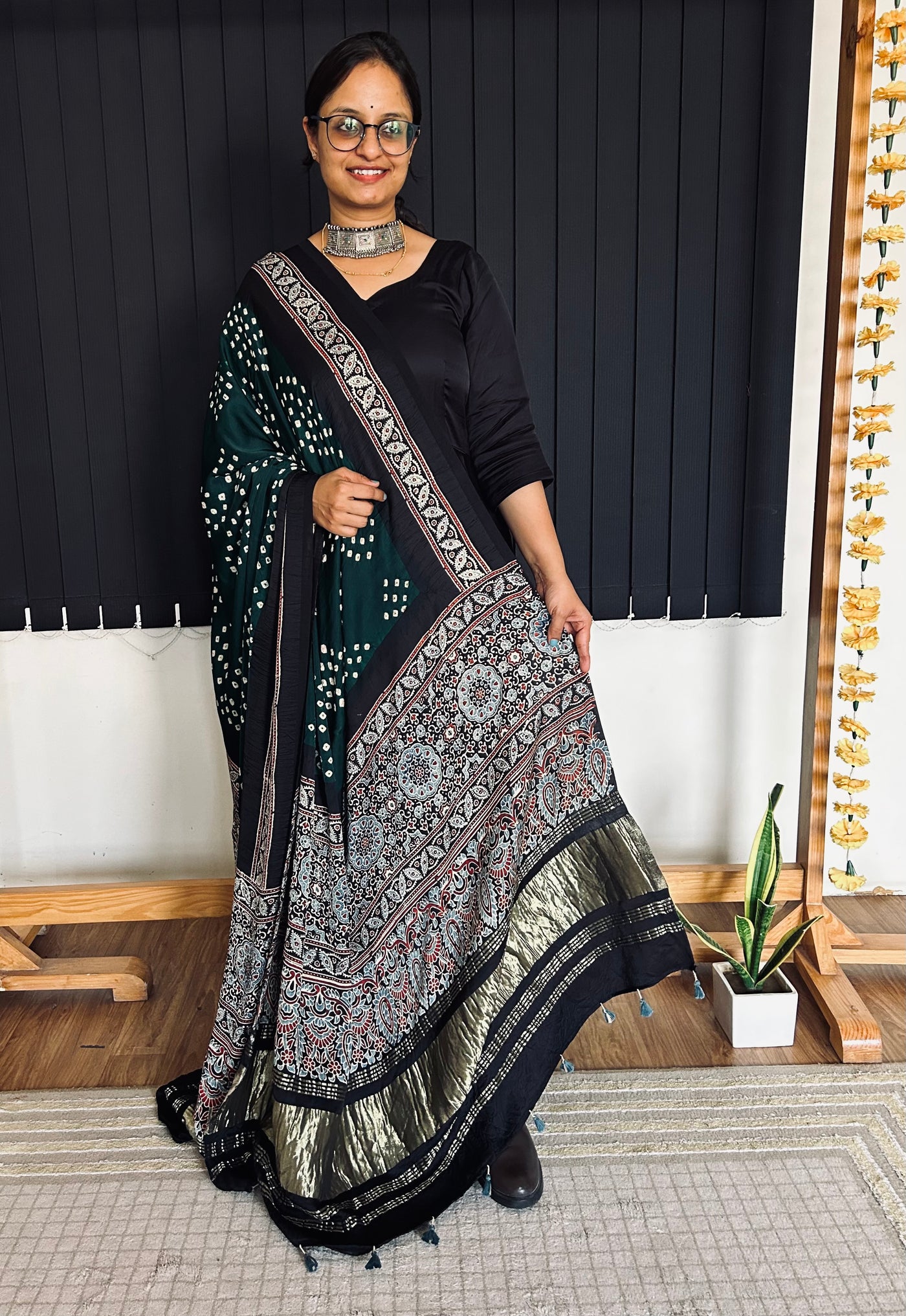 SITARA : HANDMADE BANDHANI AJRAKH MODAL SILK DUPATTA WITH TISSUE