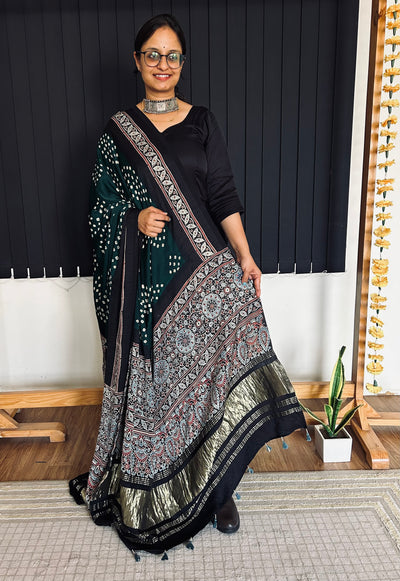 SITARA : HANDMADE BANDHANI AJRAKH MODAL SILK DUPATTA WITH TISSUE