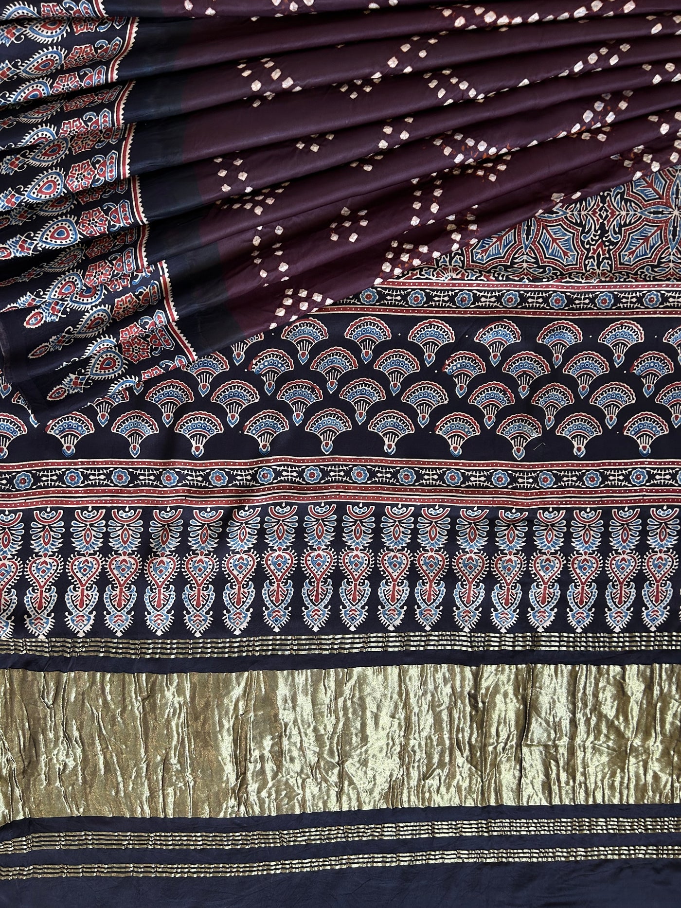 NUSHRAT: HANDMADE AJRAKH BANDHEJ MODAL SILK SAREE