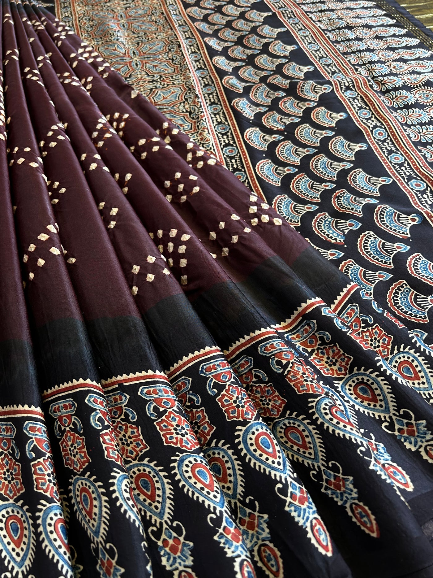 NUSHRAT: HANDMADE AJRAKH BANDHEJ MODAL SILK SAREE