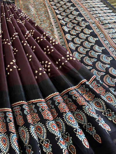 NUSHRAT: HANDMADE AJRAKH BANDHEJ MODAL SILK SAREE