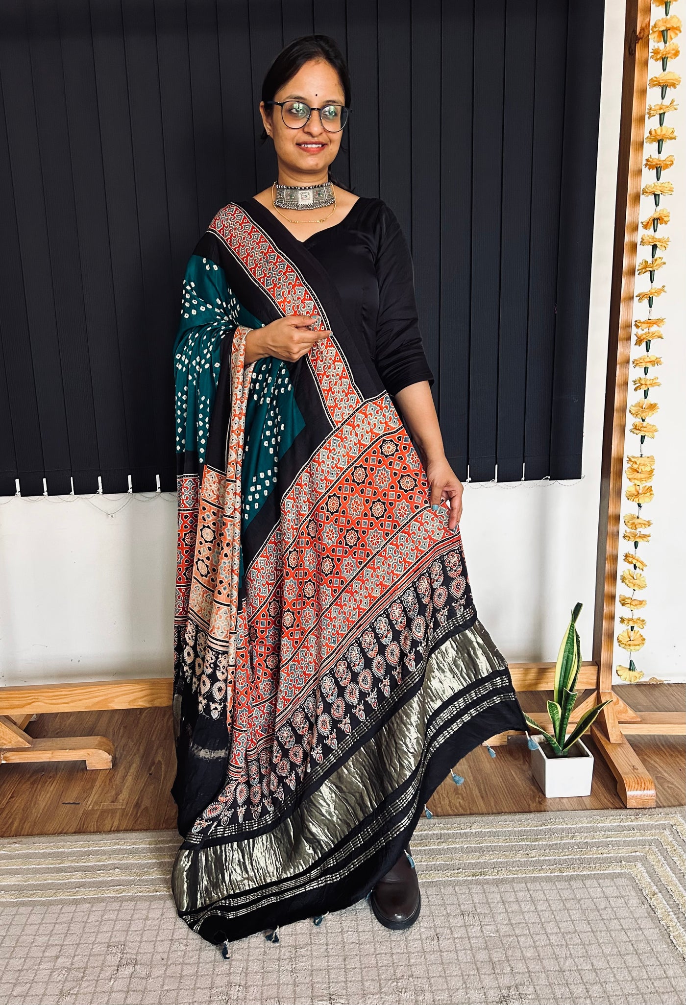 SRIJAN : HANDMADE BANDHANI AJRAKH MODAL SILK DUPATTA WITH TISSUE
