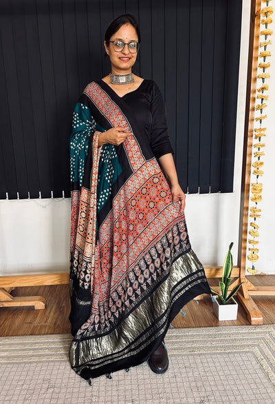 SRIJAN : HANDMADE BANDHANI AJRAKH MODAL SILK DUPATTA WITH TISSUE