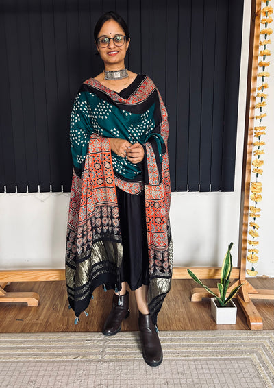SRIJAN : HANDMADE BANDHANI AJRAKH MODAL SILK DUPATTA WITH TISSUE
