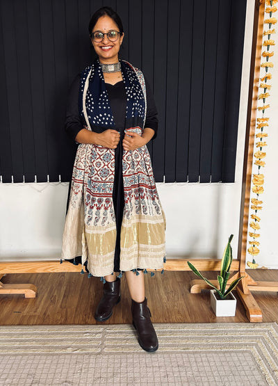NAYAN : HANDMADE BANDHANI AJRAKH MODAL SILK DUPATTA WITH TISSUE