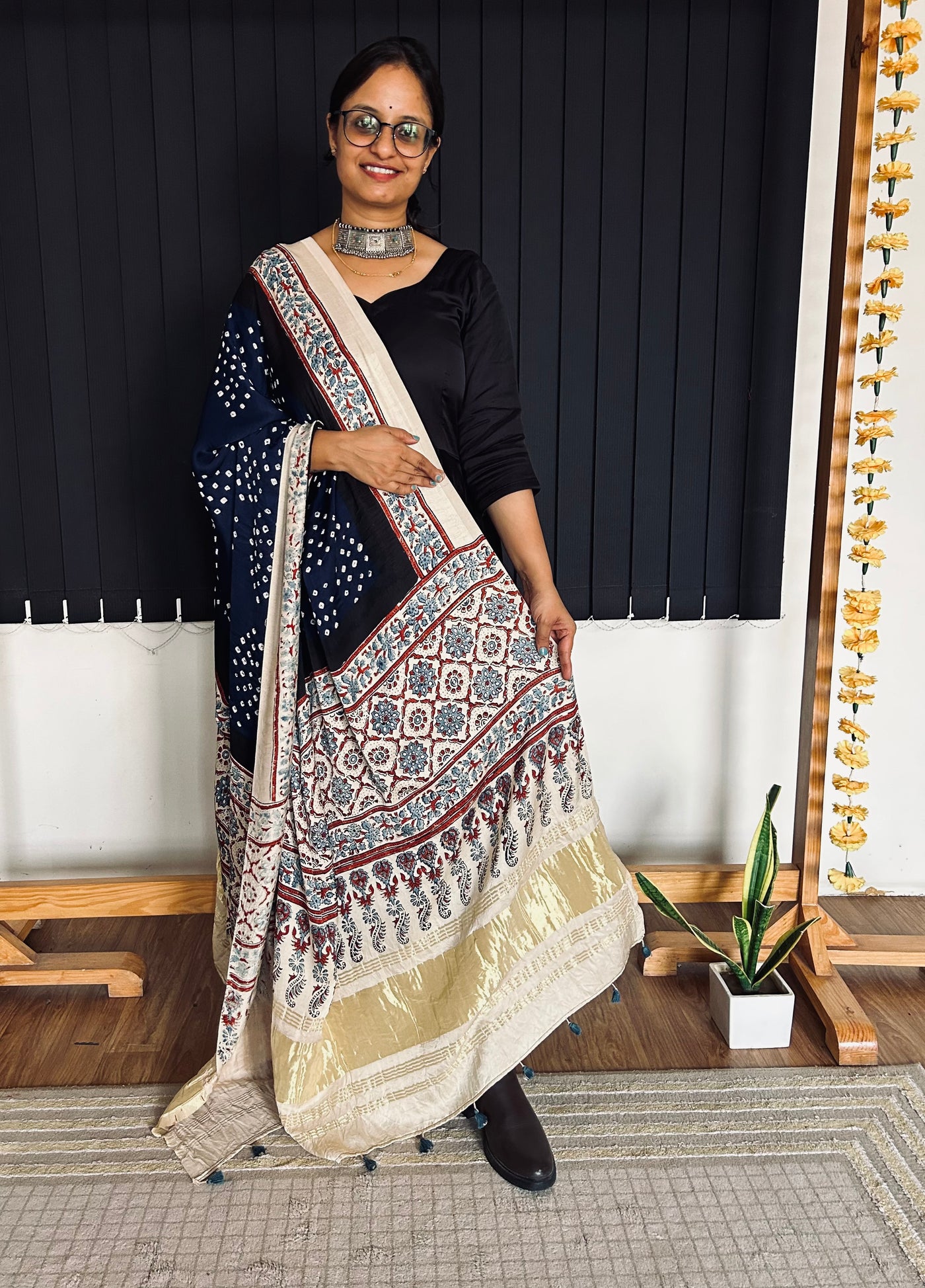 NAYAN : HANDMADE BANDHANI AJRAKH MODAL SILK DUPATTA WITH TISSUE