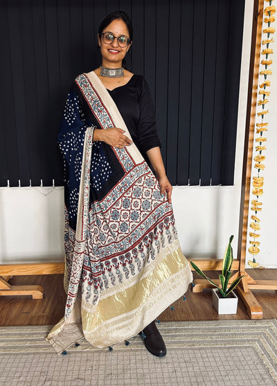 NAYAN : HANDMADE BANDHANI AJRAKH MODAL SILK DUPATTA WITH TISSUE