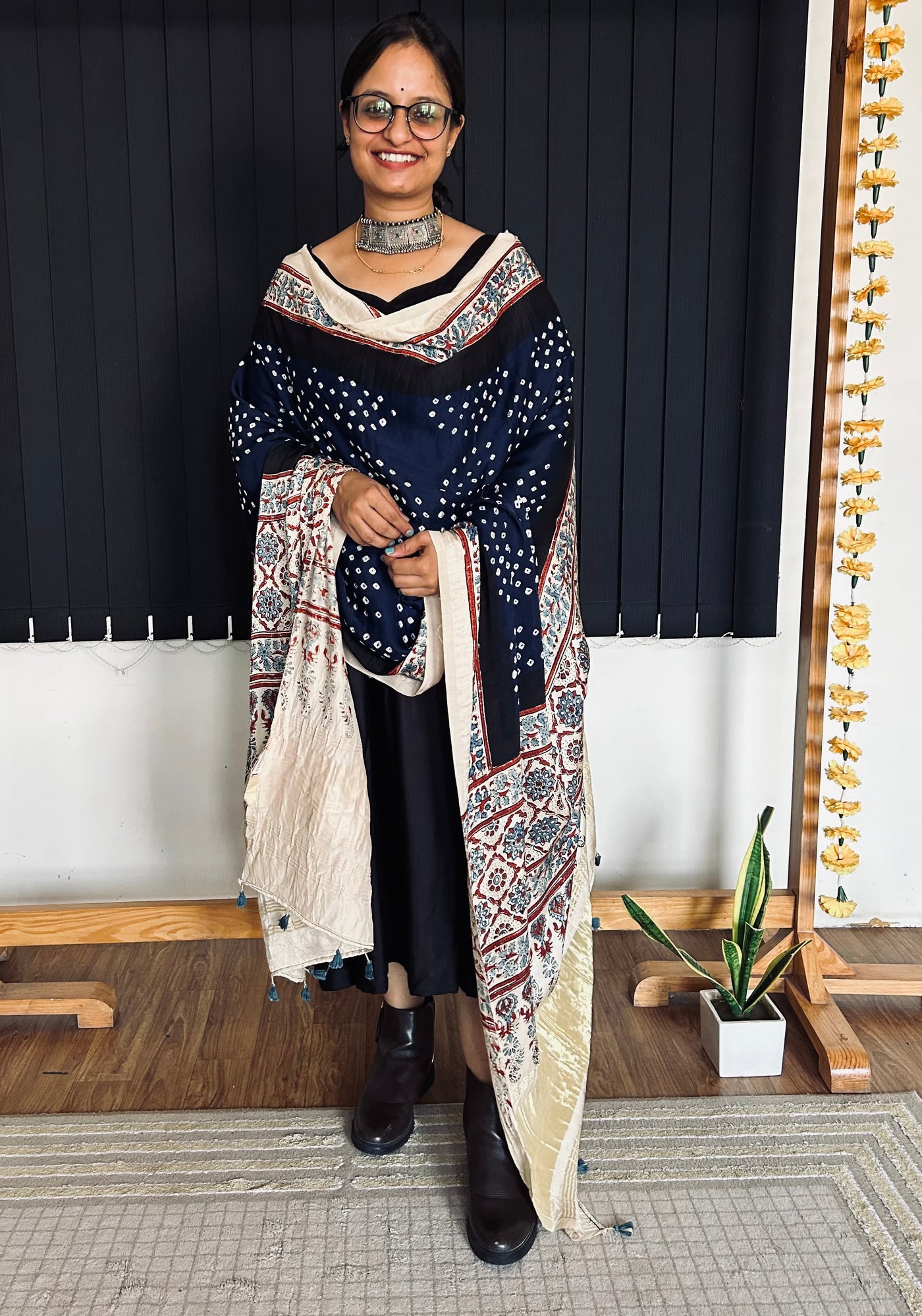 NAYAN : HANDMADE BANDHANI AJRAKH MODAL SILK DUPATTA WITH TISSUE