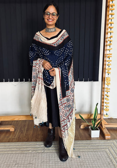 NAYAN : HANDMADE BANDHANI AJRAKH MODAL SILK DUPATTA WITH TISSUE