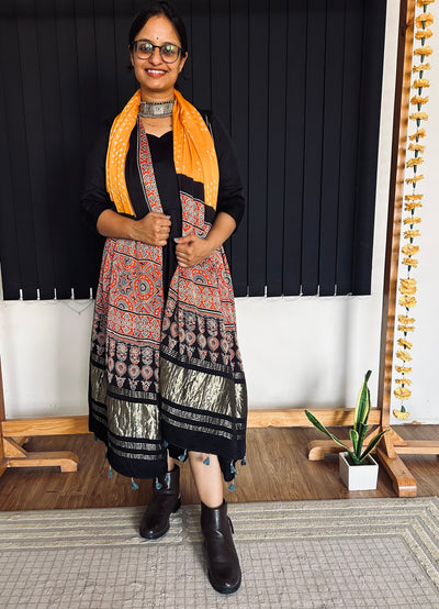 GAURI : HANDMADE BANDHANI AJRAKH MODAL SILK DUPATTA WITH TISSUE