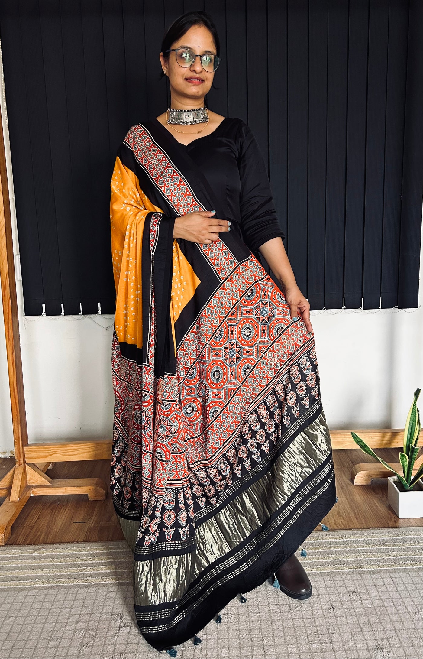 GAURI : HANDMADE BANDHANI AJRAKH MODAL SILK DUPATTA WITH TISSUE