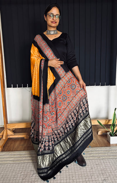 GAURI : HANDMADE BANDHANI AJRAKH MODAL SILK DUPATTA WITH TISSUE