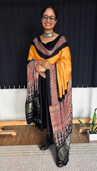 GAURI : HANDMADE BANDHANI AJRAKH MODAL SILK DUPATTA WITH TISSUE