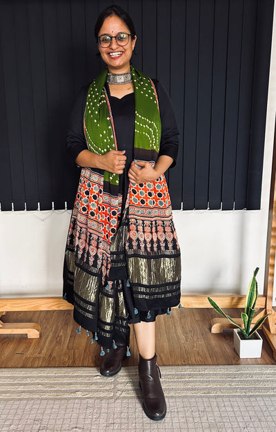 GARGI: HANDMADE BANDHANI AJRAKH MODAL SILK DUPATTA WITH TISSUE