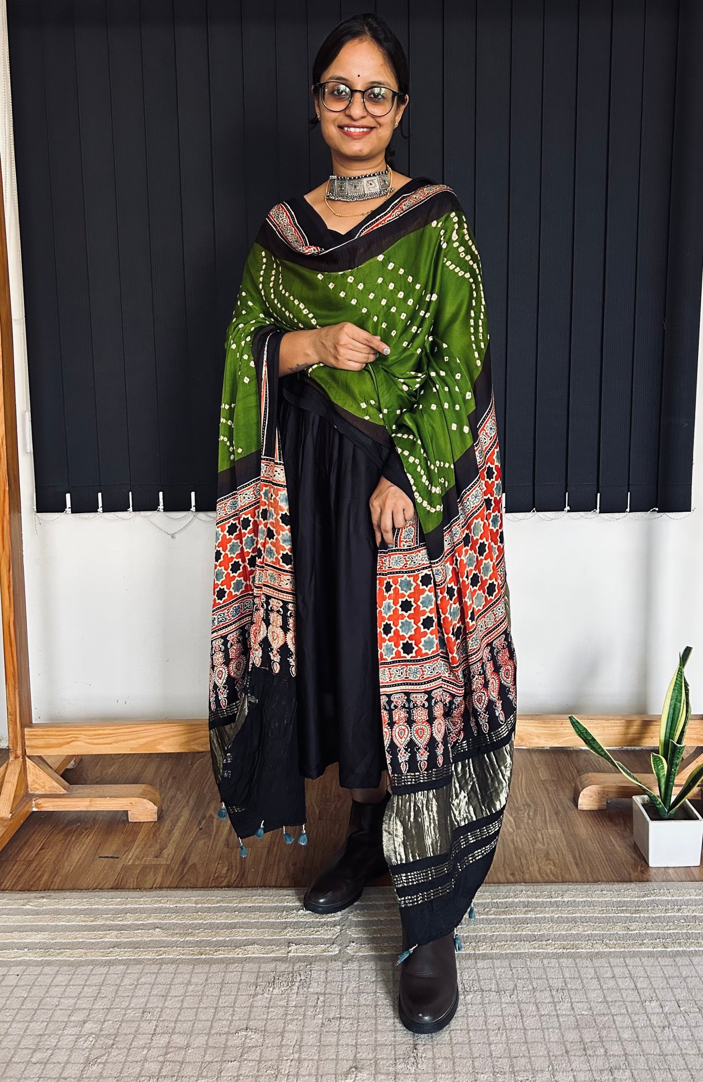 GARGI: HANDMADE BANDHANI AJRAKH MODAL SILK DUPATTA WITH TISSUE