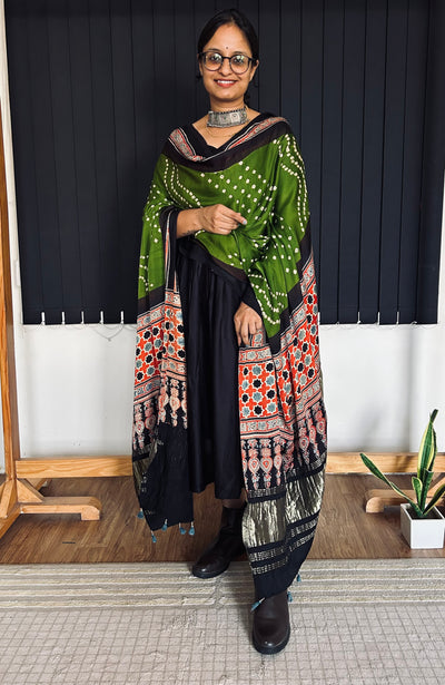 GARGI: HANDMADE BANDHANI AJRAKH MODAL SILK DUPATTA WITH TISSUE